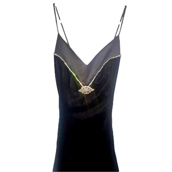 VIP Boutique long velvet prom formal gown spaghetti straps rhinestone bling 4 - Picture 2 of 8